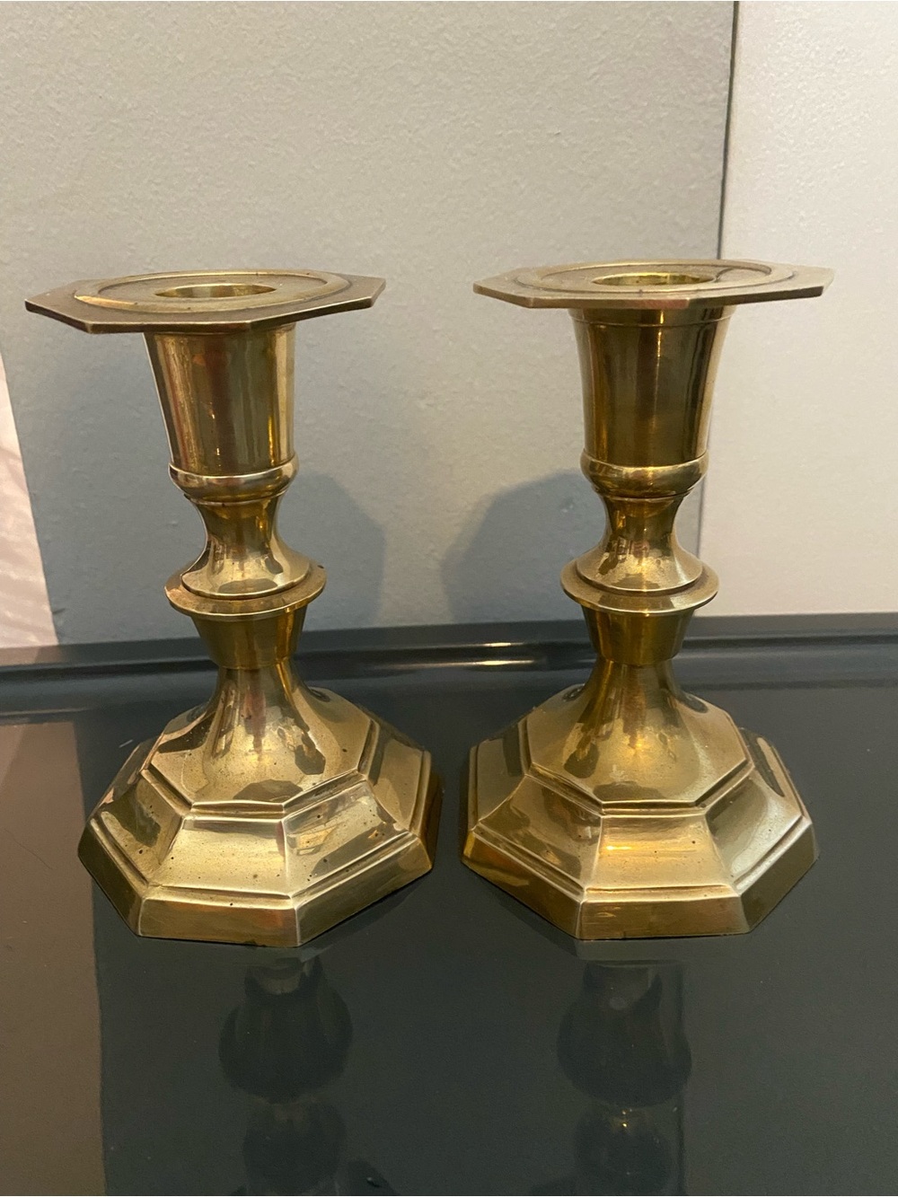 Brass Hexagonal Base Candlestick Pair - Gold Finish